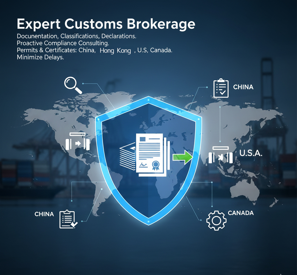 Customs brokerage infographic with shield, documents and world map