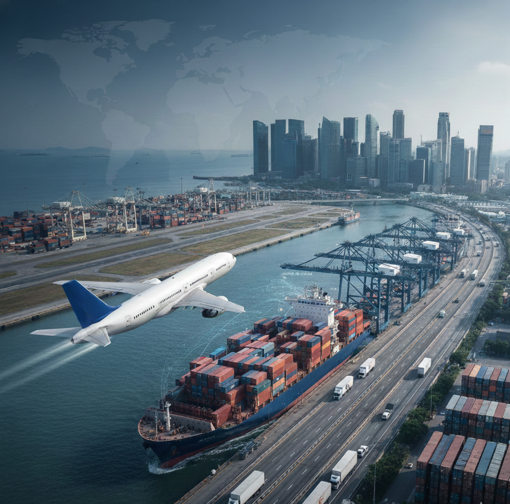 Cargo plane flying over a busy international port at golden hour
