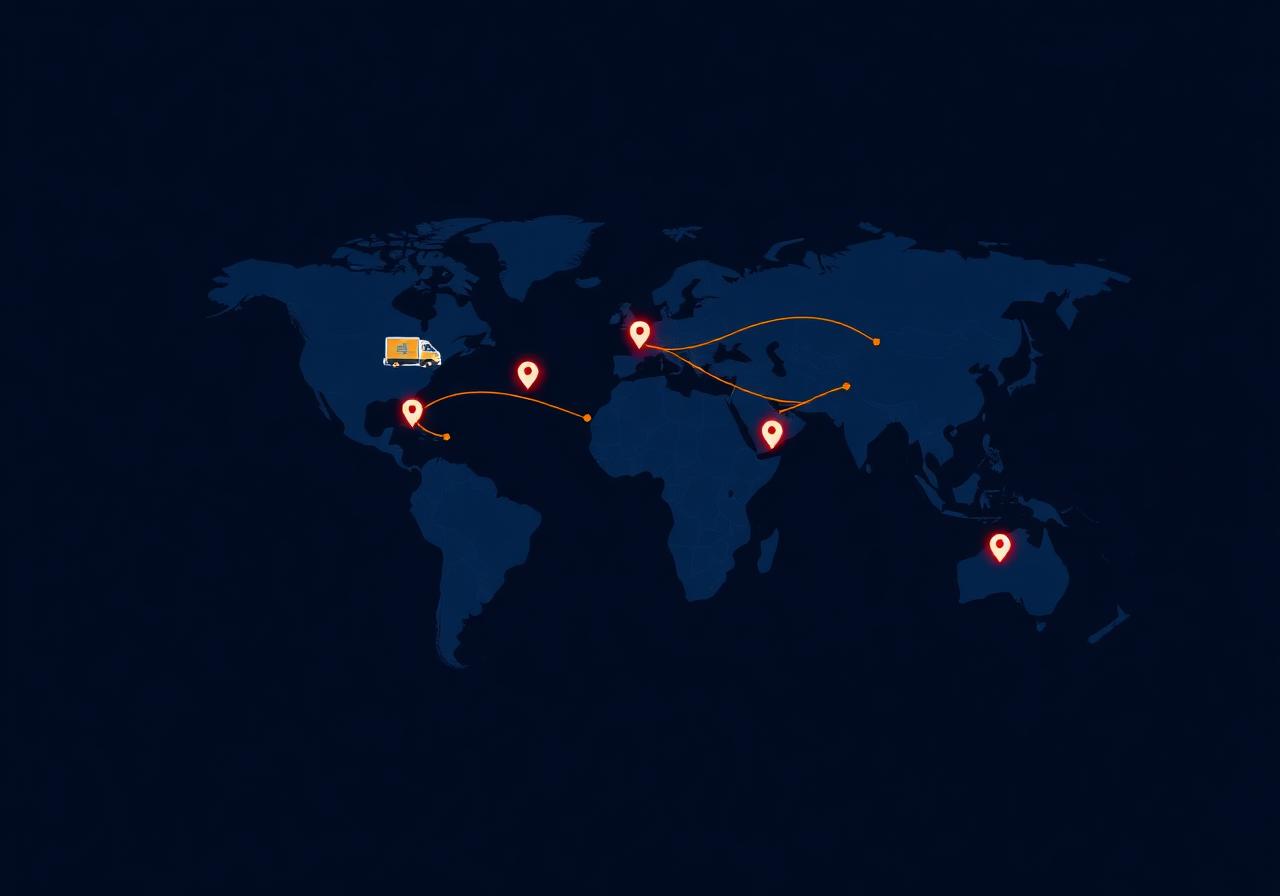 World map infographic with delivery trucks and route lines