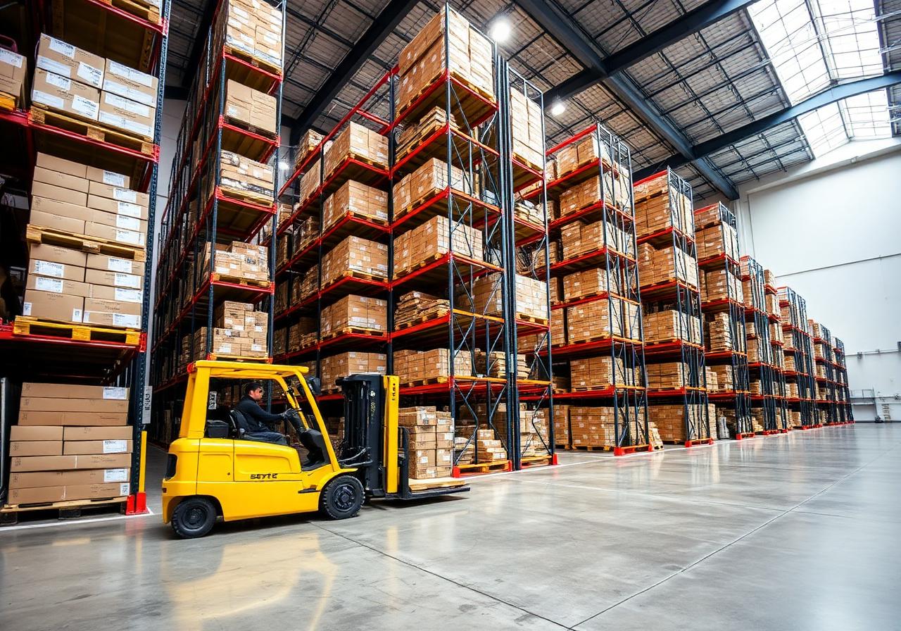 Modern warehouse interior with high shelving racks and yellow forklift